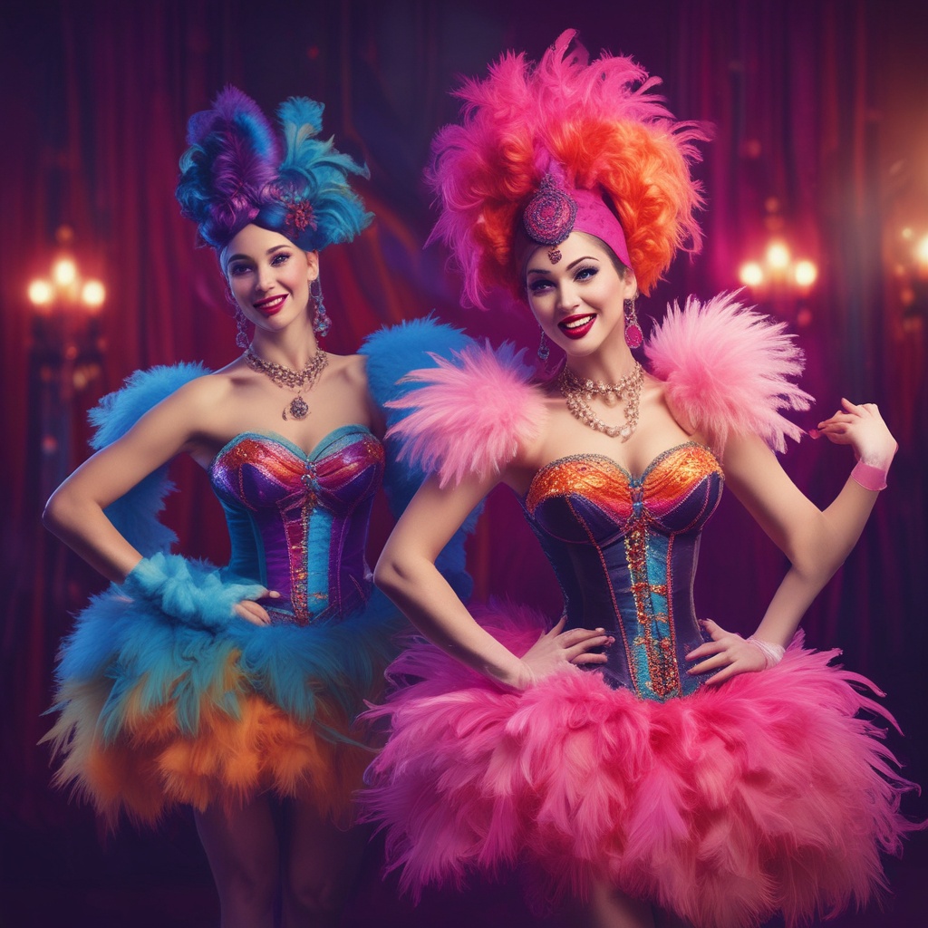 Burlesque dancers in vibrant costumes